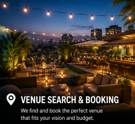 Rooftop event venue with city views and warm string lights