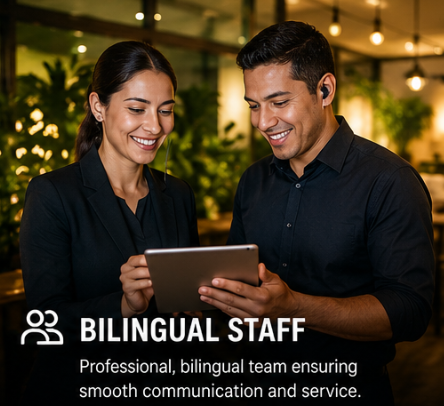 Bilingual event staff coordinating with a tablet