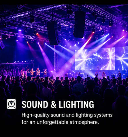 Concert-style sound and lighting production for an event