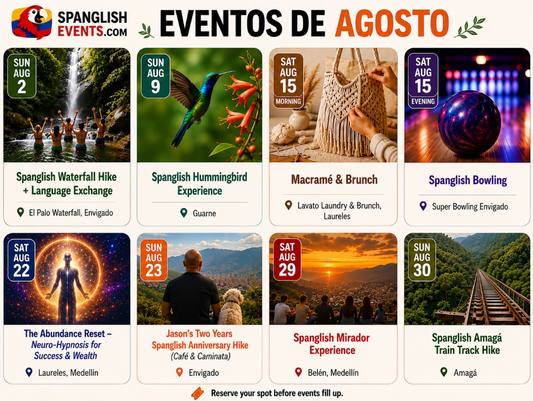 Flyer showing the eight Spanglish Events experiences scheduled for August 2026