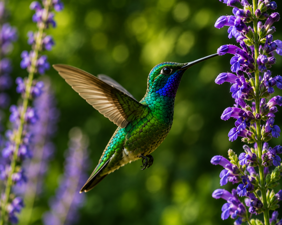 Colorful hummingbird feeding from purple flowers