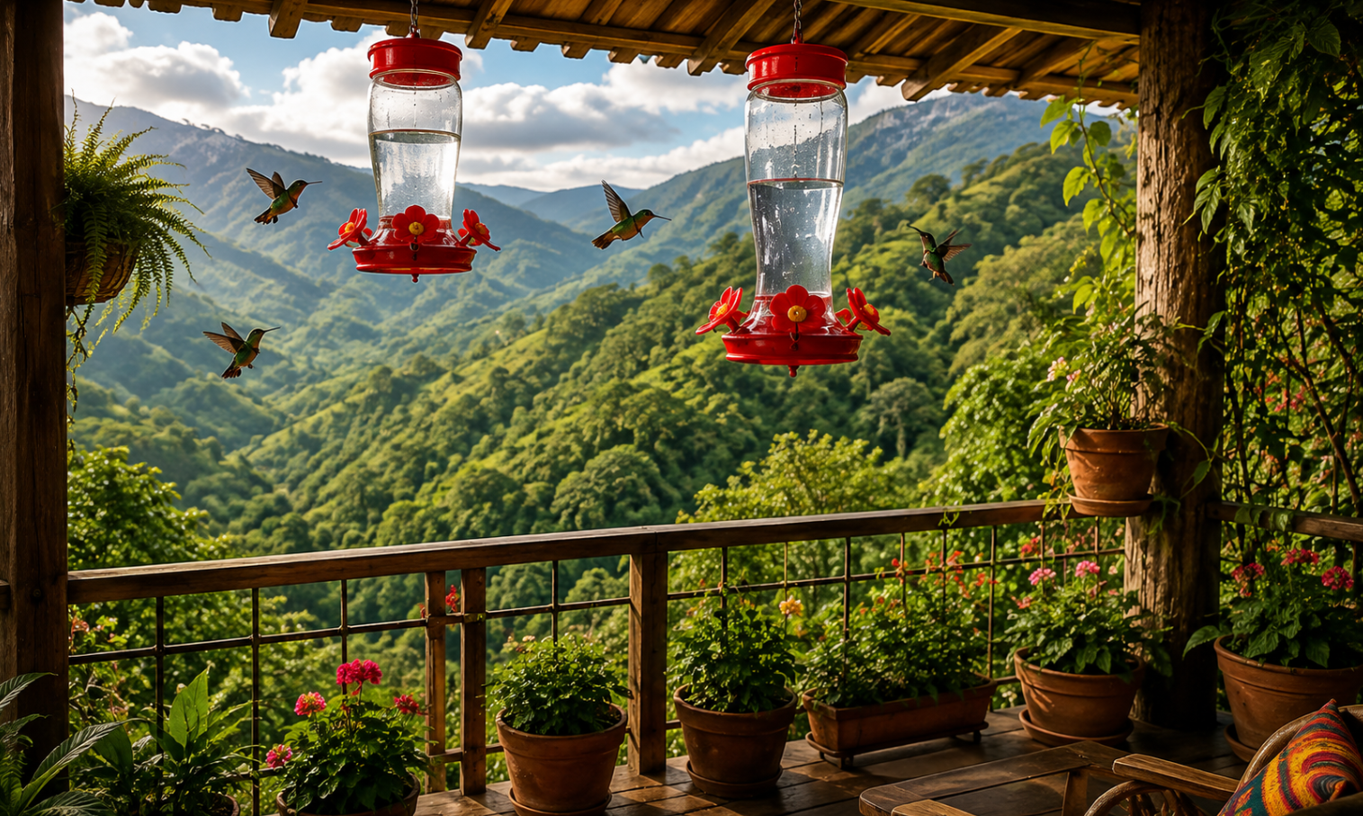 Hummingbirds visiting feeders on a mountain terrace in Guarne
