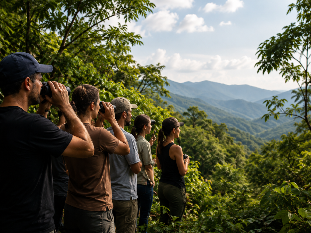 A group watching birds together in the mountains near Medellín