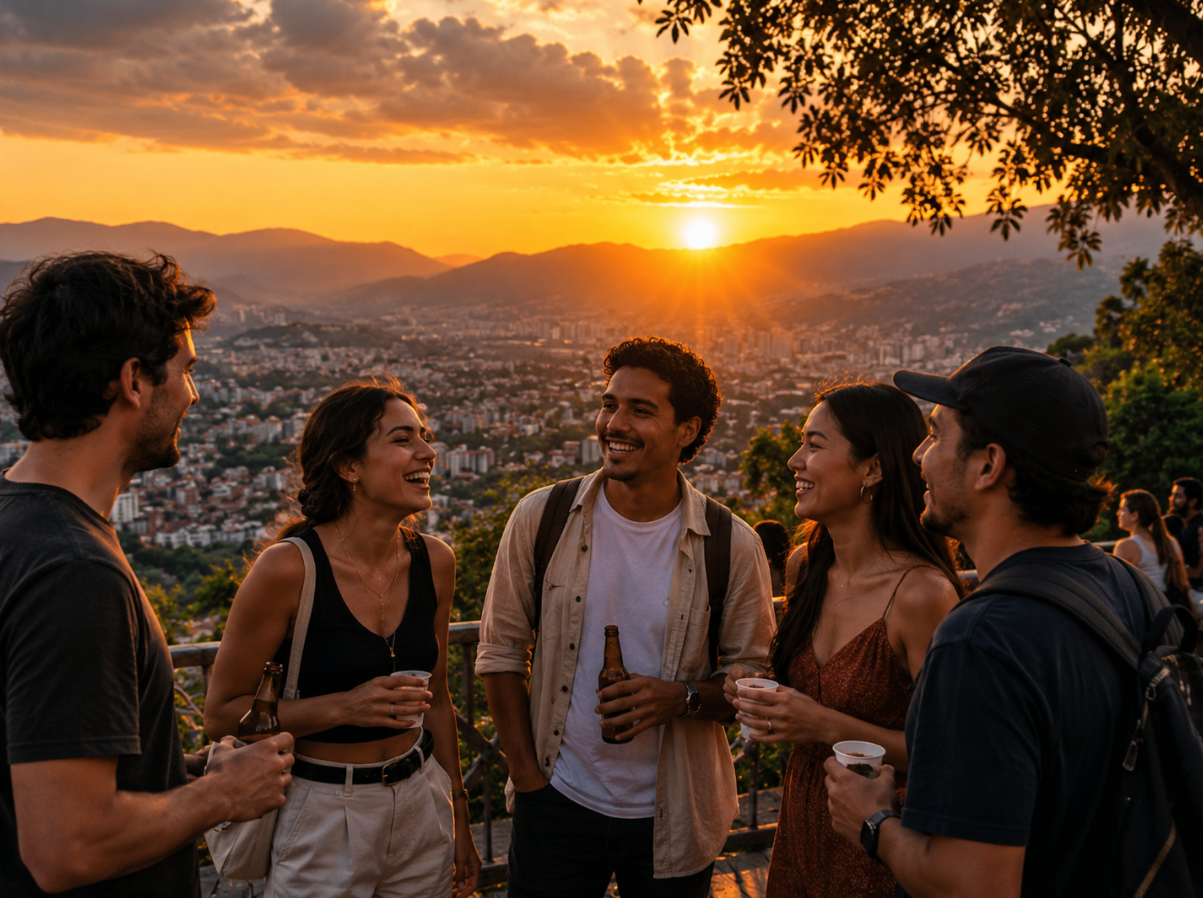 Friends sharing conversation at a Medellín viewpoint during sunset