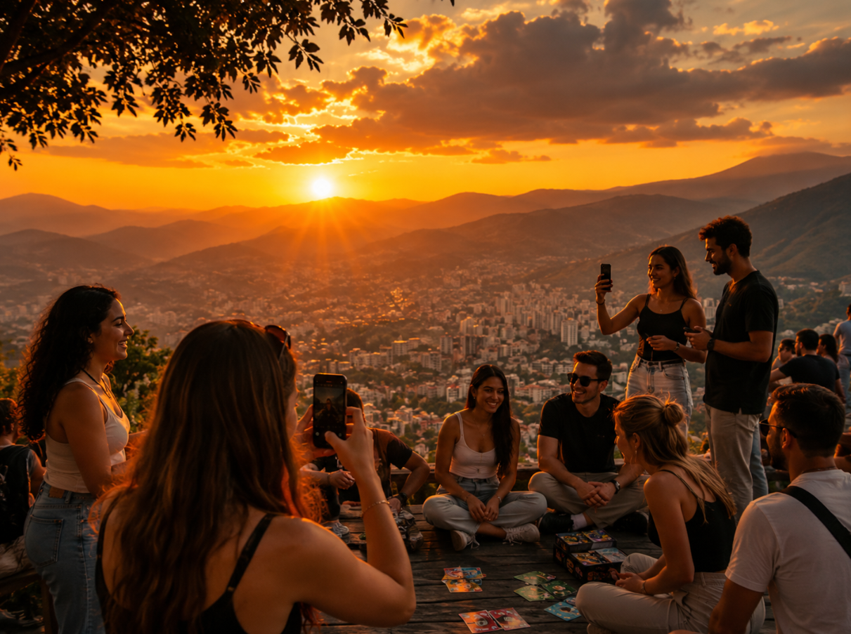 A bilingual social group playing games and taking photos above Medellín