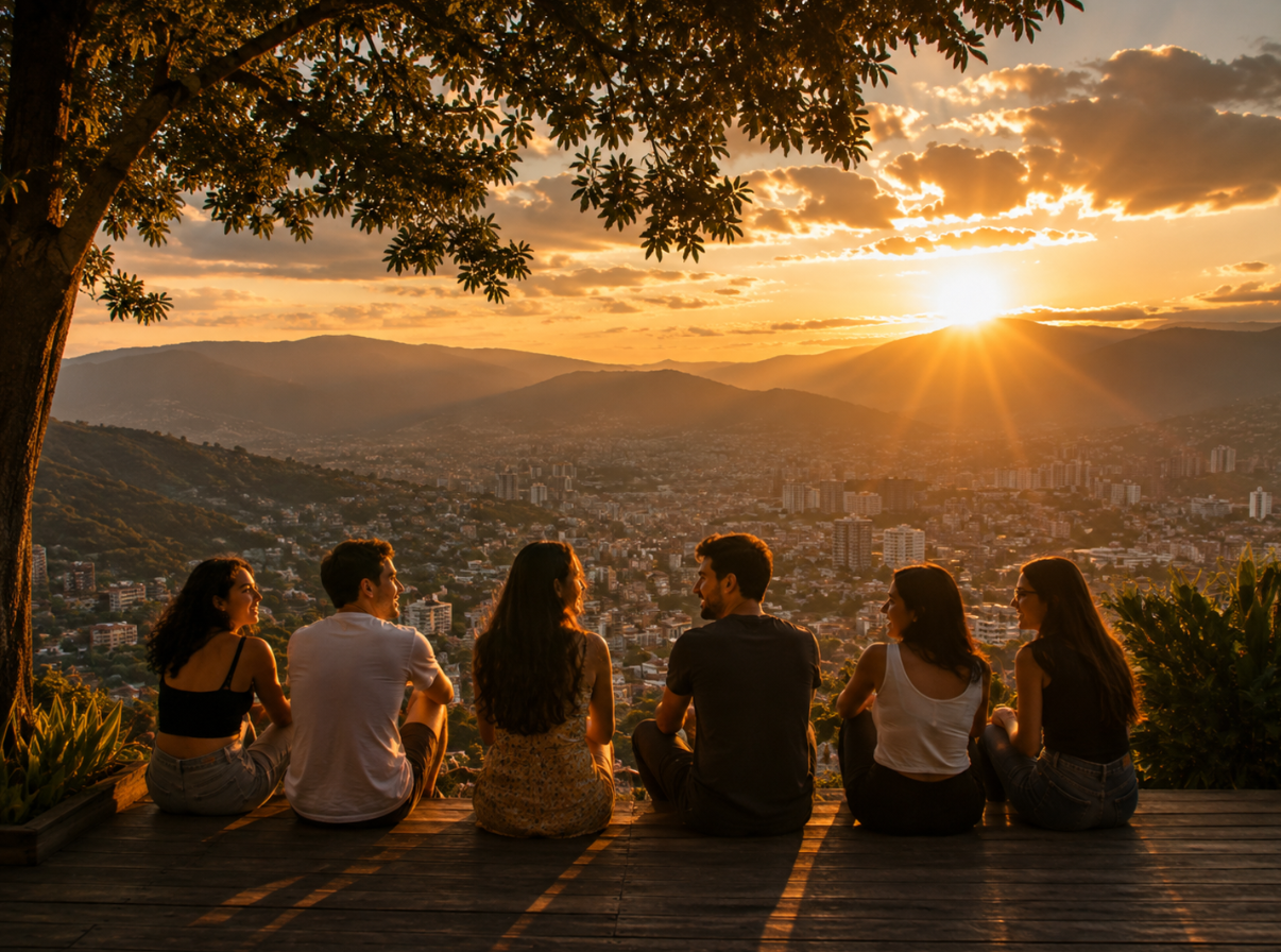 Friends watching the sunset together over the Medellín skyline