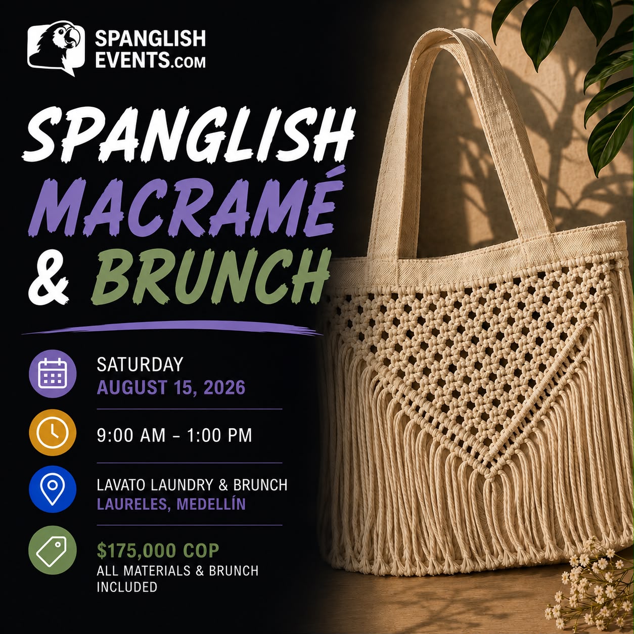 Spanglish Macramé and Brunch event flyer