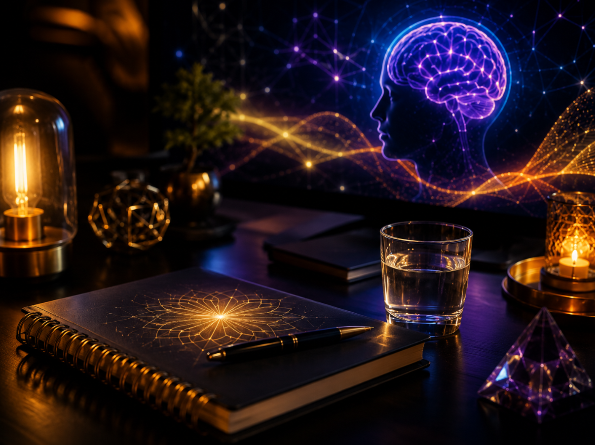 A reflective journal beside a glowing illustration of the brain and nervous system