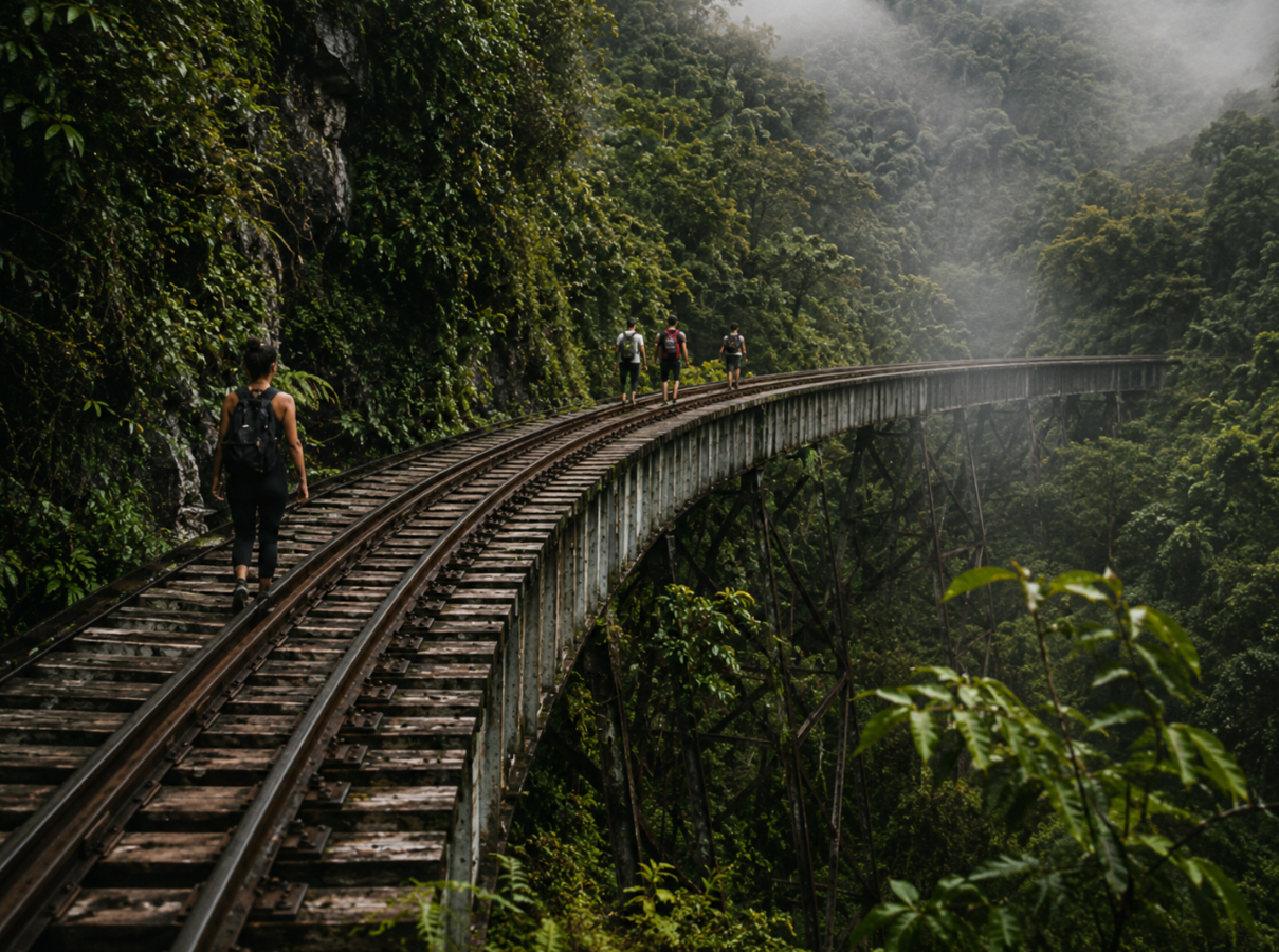 Hikers crossing a historic railway bridge through the misty forest in Amagá
