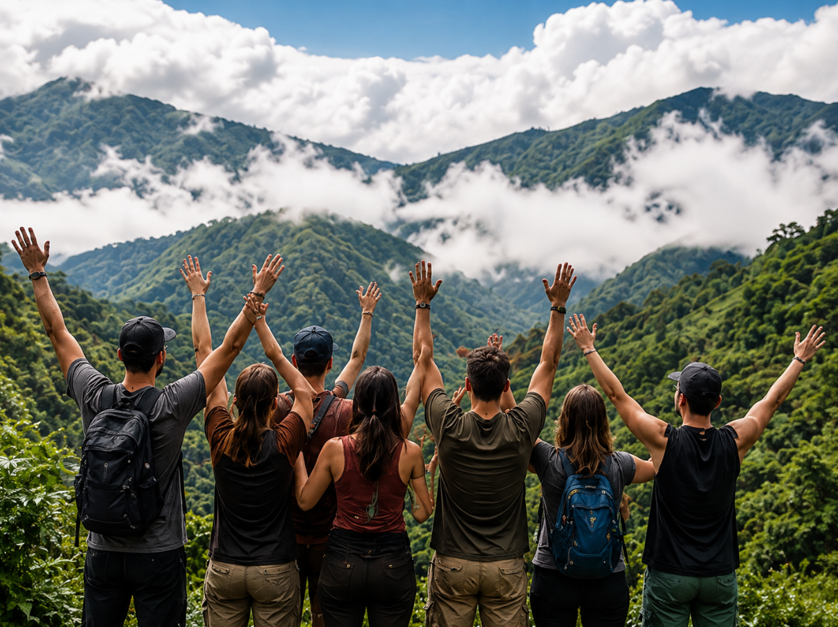 Hiking group celebrating in front of the cloud-covered mountains near Amagá