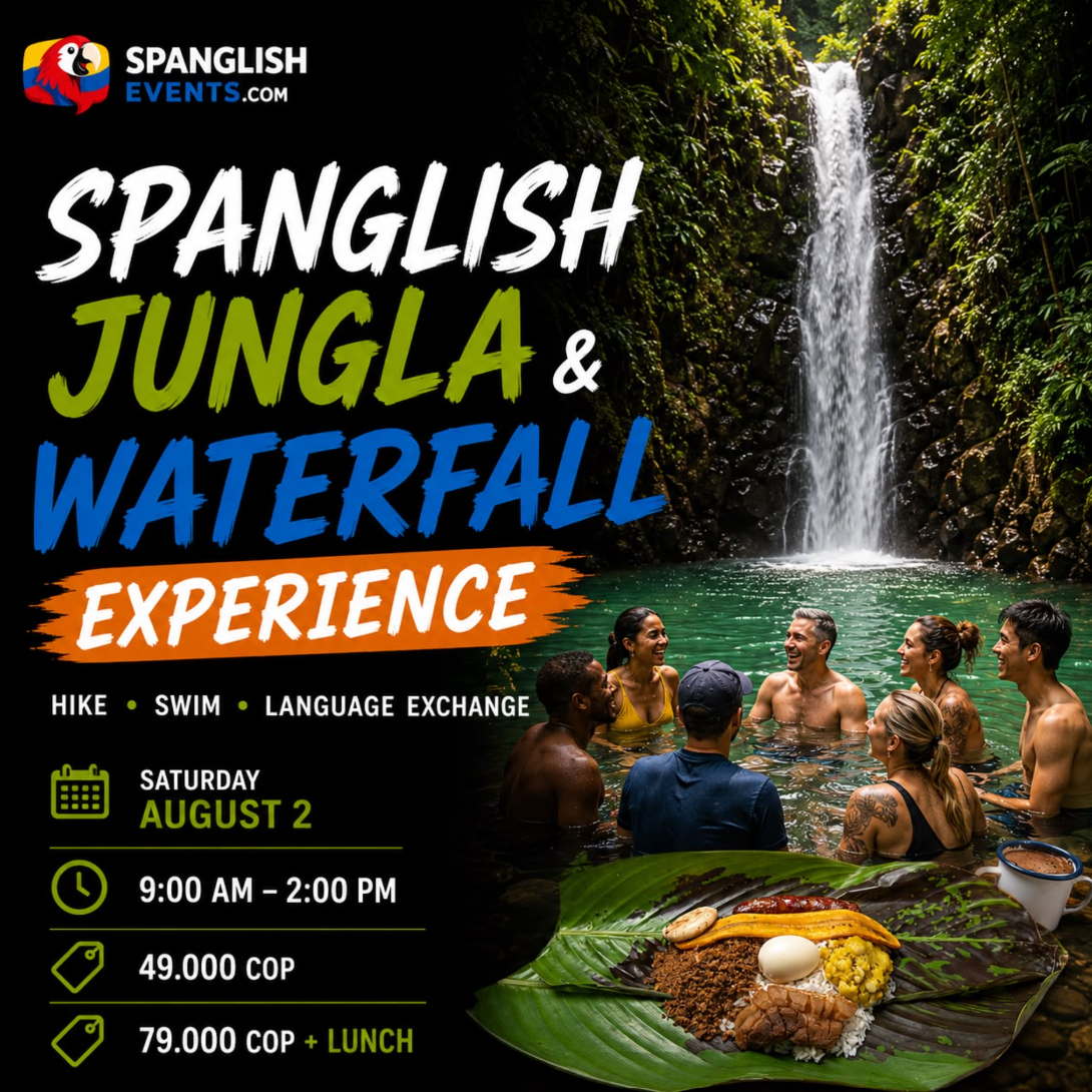 August flyer for the Spanglish Jungla Waterfall Hike experience
